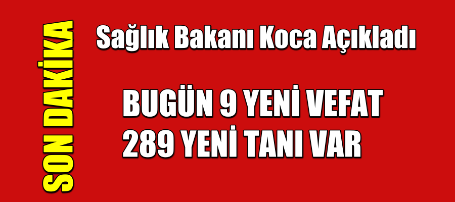 BUGÜN 9 YENİ VEFAT, 289 YENİ TANI VAR